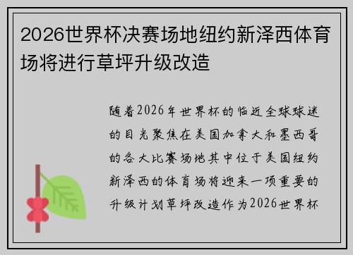 2026世界杯决赛场地纽约新泽西体育场将进行草坪升级改造 2026世界杯决赛场地纽约新泽西体育场将进行草坪升级改造