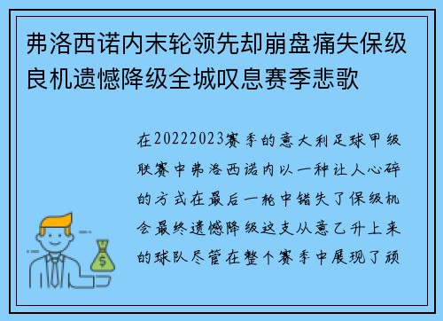 弗洛西诺内末轮领先却崩盘痛失保级良机遗憾降级全城叹息赛季悲歌